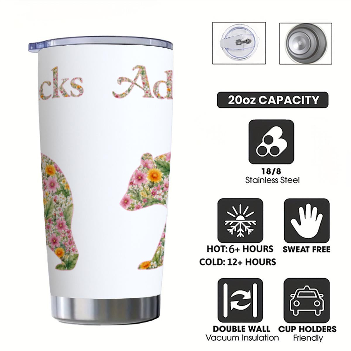 Adirondacks Floral Bear 20oz Stainless Steel Tumbler | Free Shipping