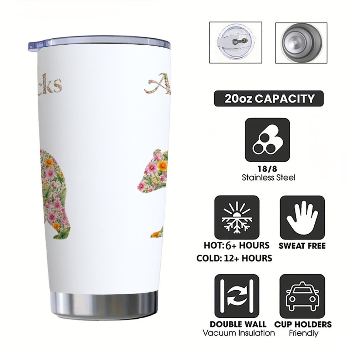 Adirondacks Floral Bear 20oz Stainless Steel Tumbler | Free Shipping