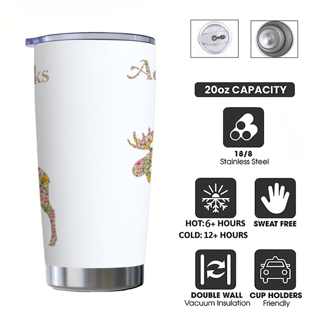 Adirondacks Floral Moose 20oz Stainless Steel Tumbler | Free Shipping